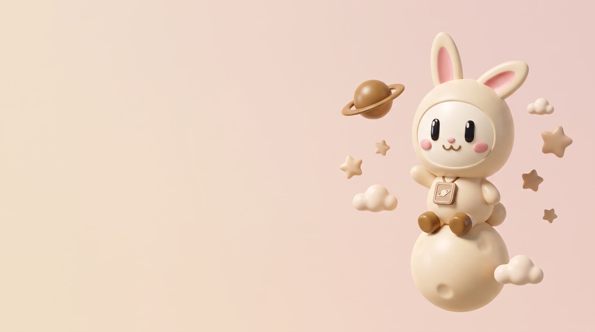 Orbi-chan sits on a small cream moon surrounded by clay stars, puffy clouds and a tiny Saturn, on a soft peach sky.