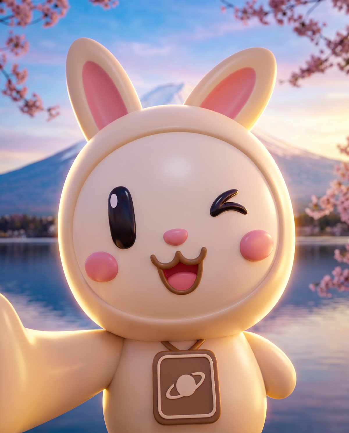 Orbi-chan winks and takes a selfie in front of Mount Fuji with cherry blossoms framing the lake.