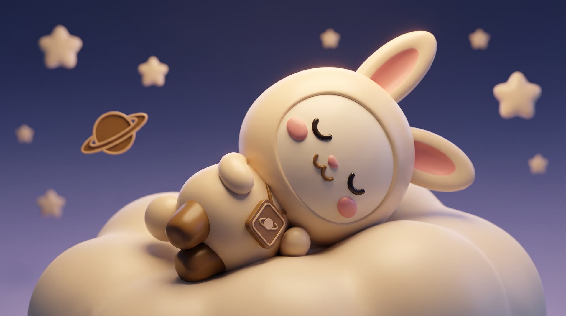 Orbi-chan sleeps curled up on a fluffy cloud under a navy sky full of cream stars and a little Saturn.