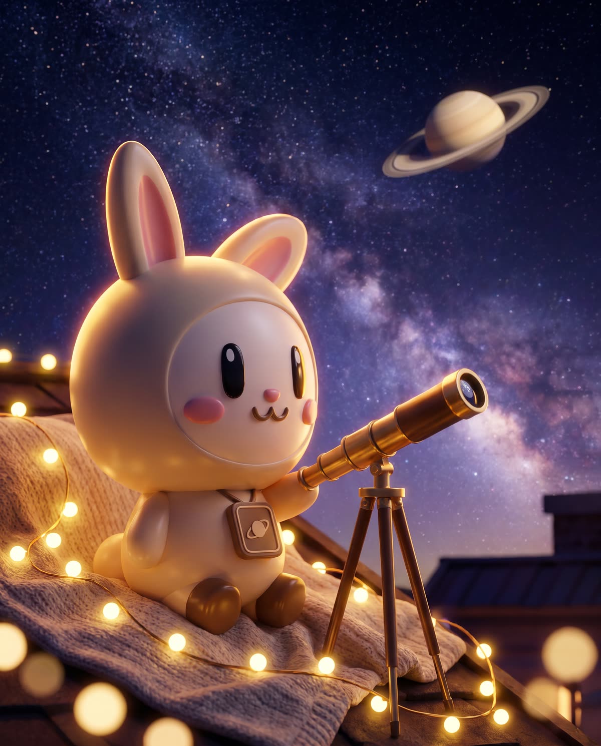 Orbi-chan looks through a brass telescope on a rooftop wrapped in fairy lights, Saturn in the Milky Way above.