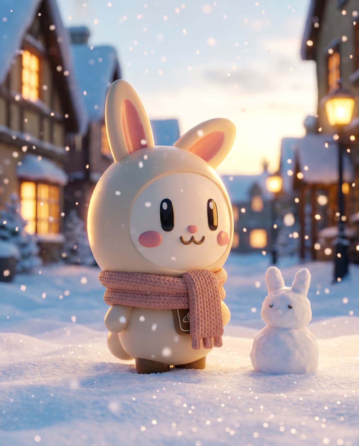 Orbi-chan in a pink knit scarf stands in falling snow beside a tiny bunny-shaped snowman.