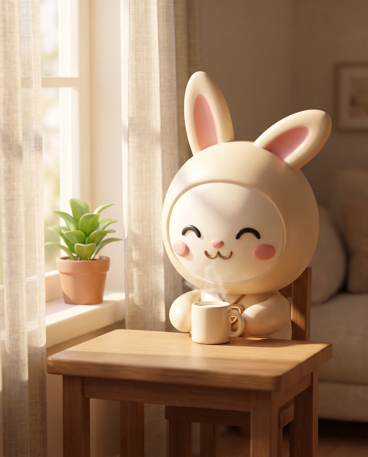 Orbi-chan sits at a wooden table by a sunny window, eyes closed and content, holding a steaming mug.