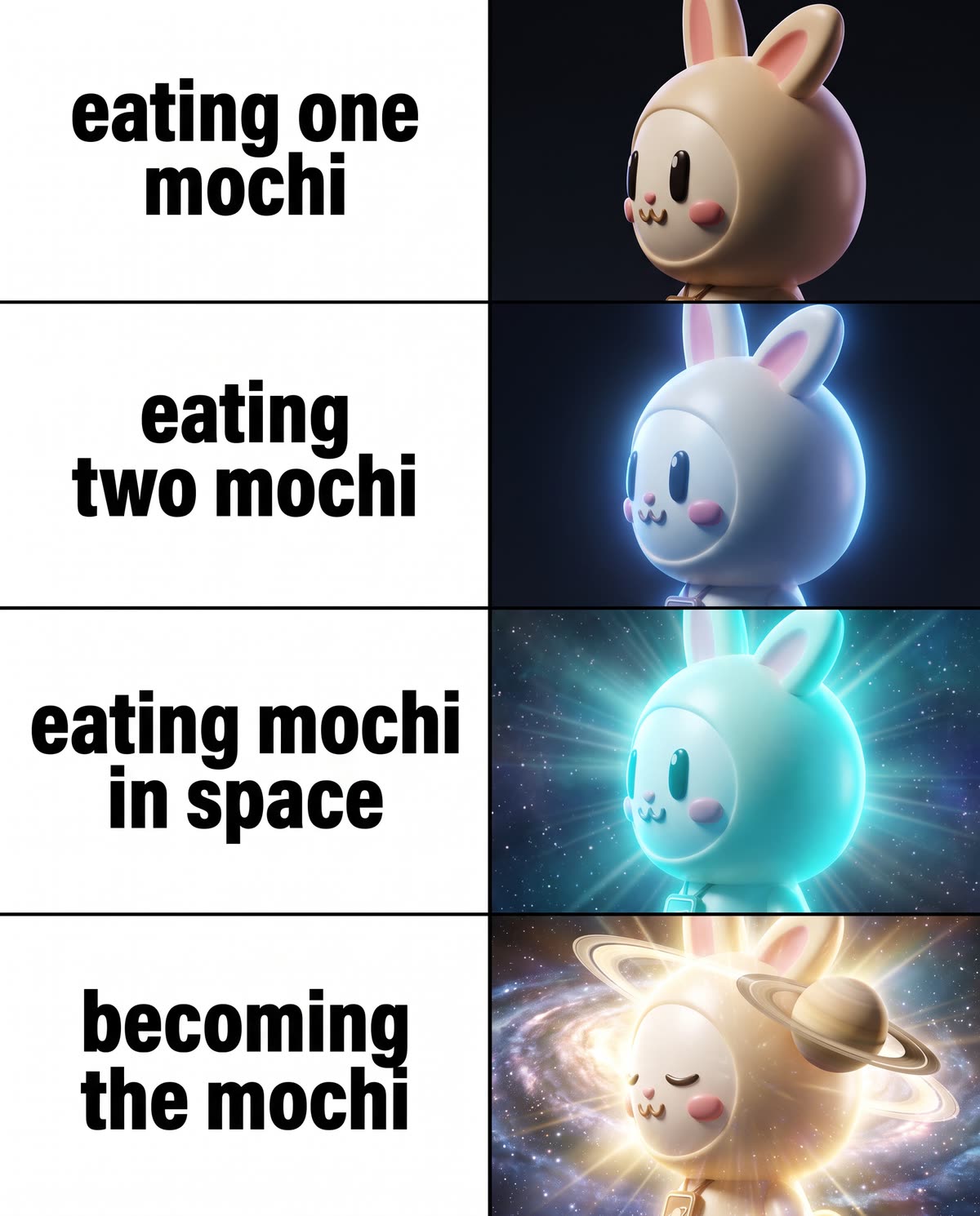 Four panel galaxy brain meme: eating one mochi, eating two mochi, eating mochi in space, becoming the mochi.