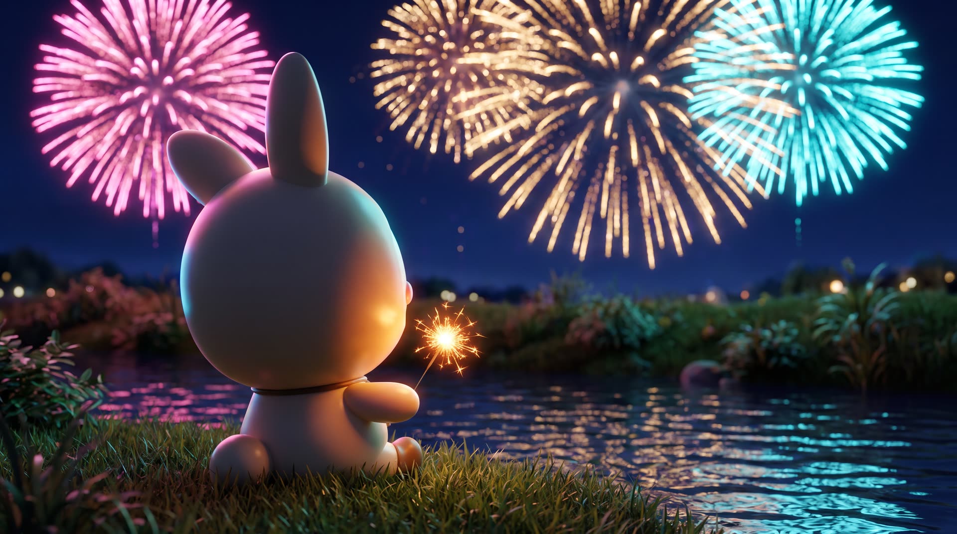 Orbi-chan, seen from behind, holds a sparkler by a river while pink, gold and blue fireworks burst overhead.