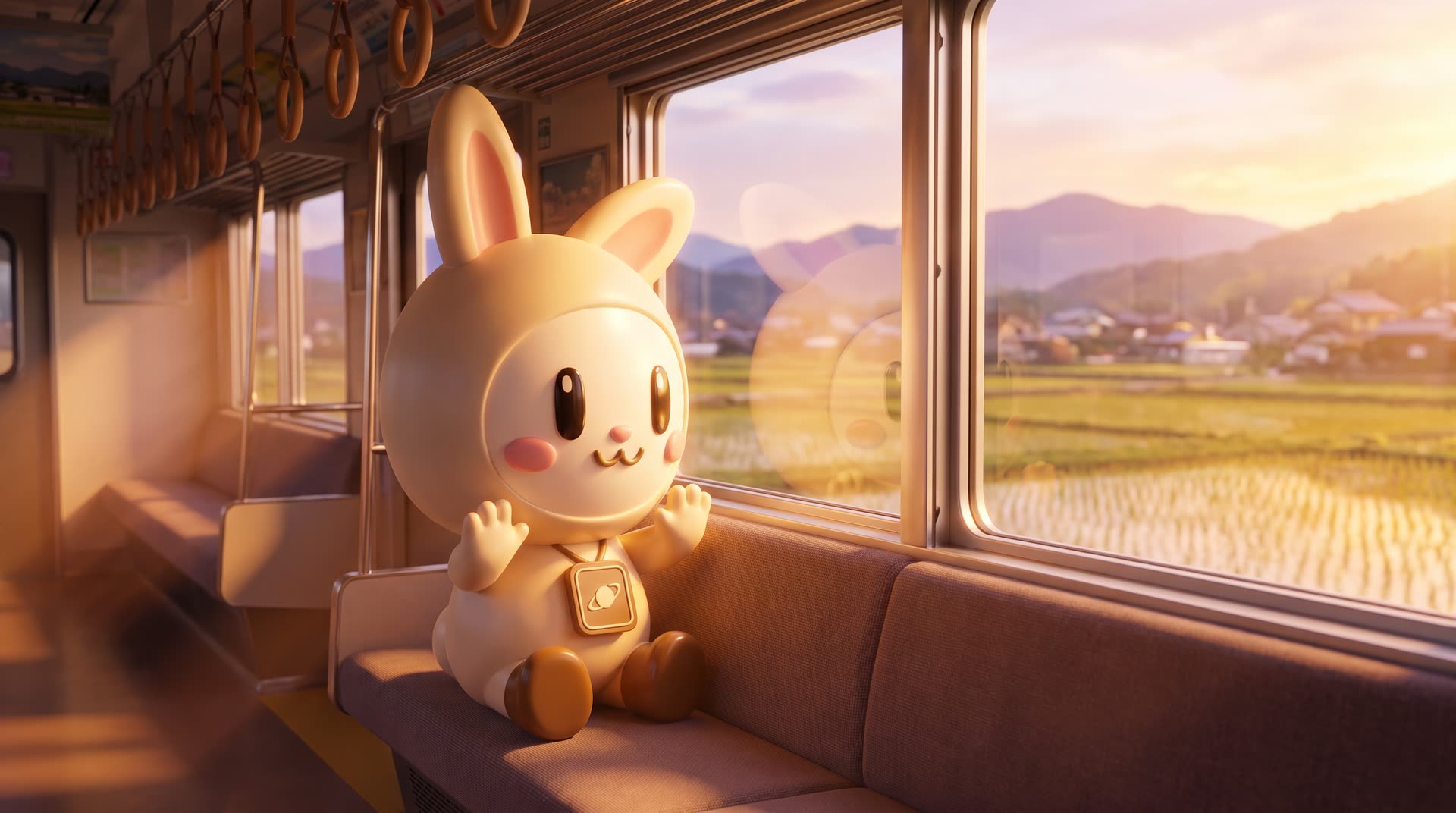 Orbi-chan rides a quiet train at golden hour, rice fields and mountains rolling past the window.