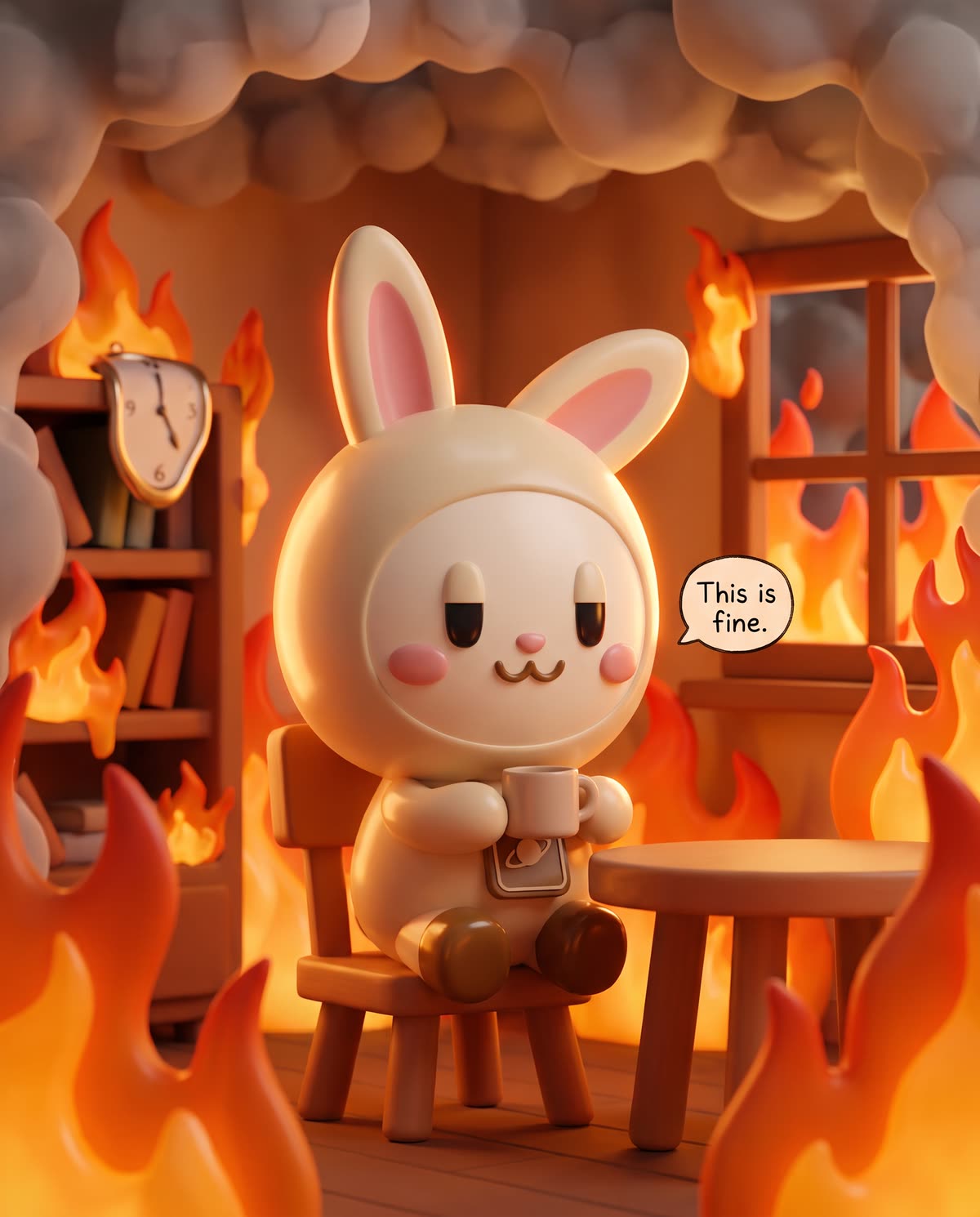 Orbi-chan calmly sips tea in a room full of flames, a speech bubble saying This is fine.