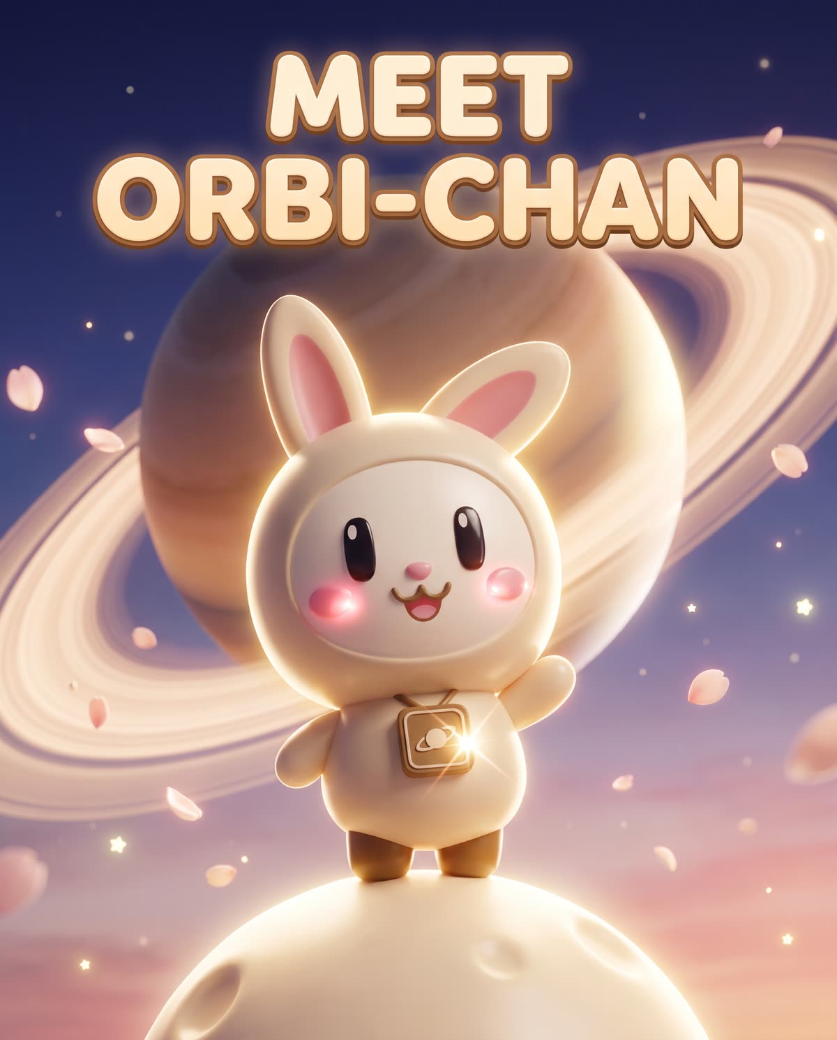 Poster reading Meet Orbi-chan: the bunny waves from a small moon with a giant Saturn and drifting petals behind.