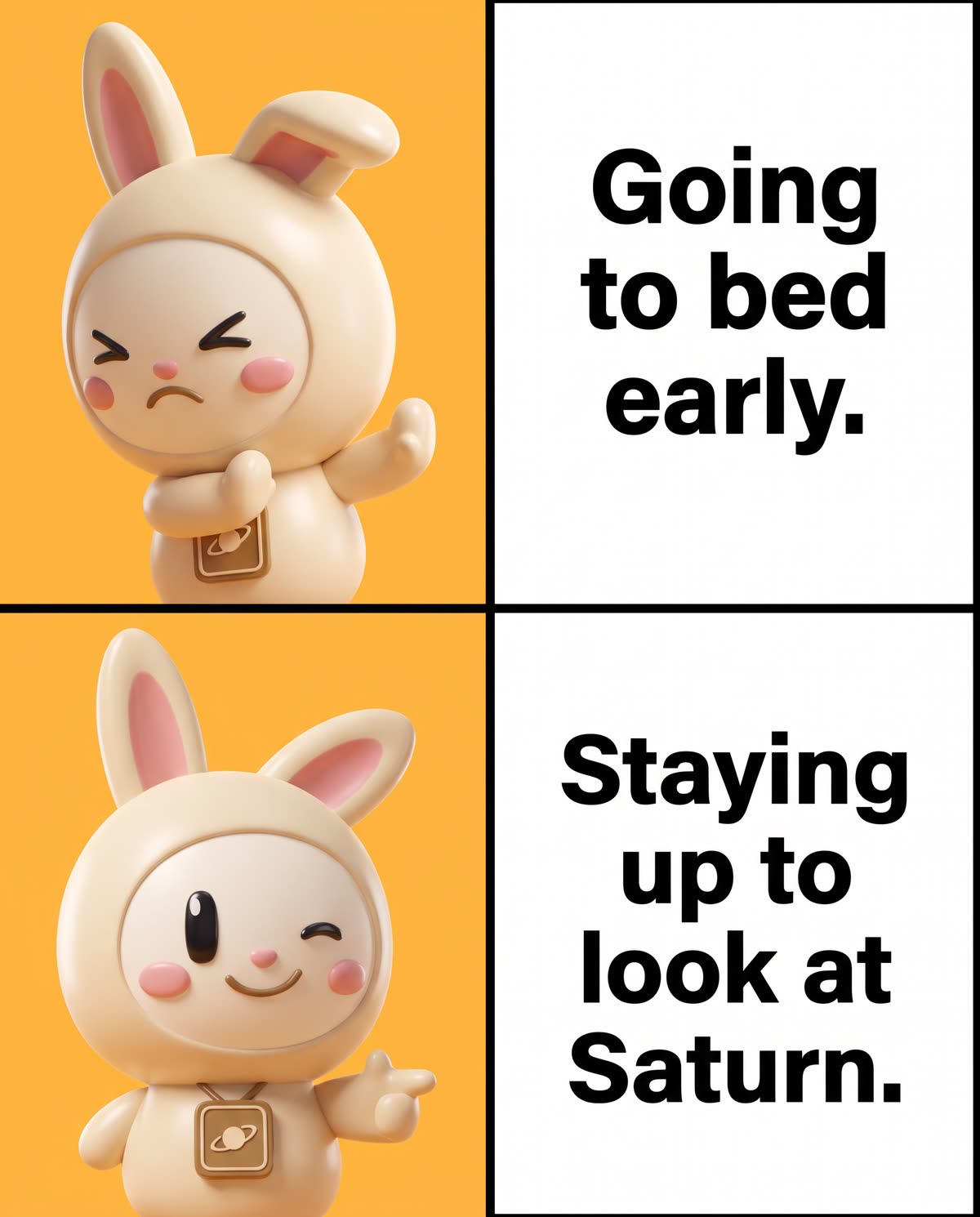 Two panel meme: Orbi-chan refuses Going to bed early, then happily points at Staying up to look at Saturn.