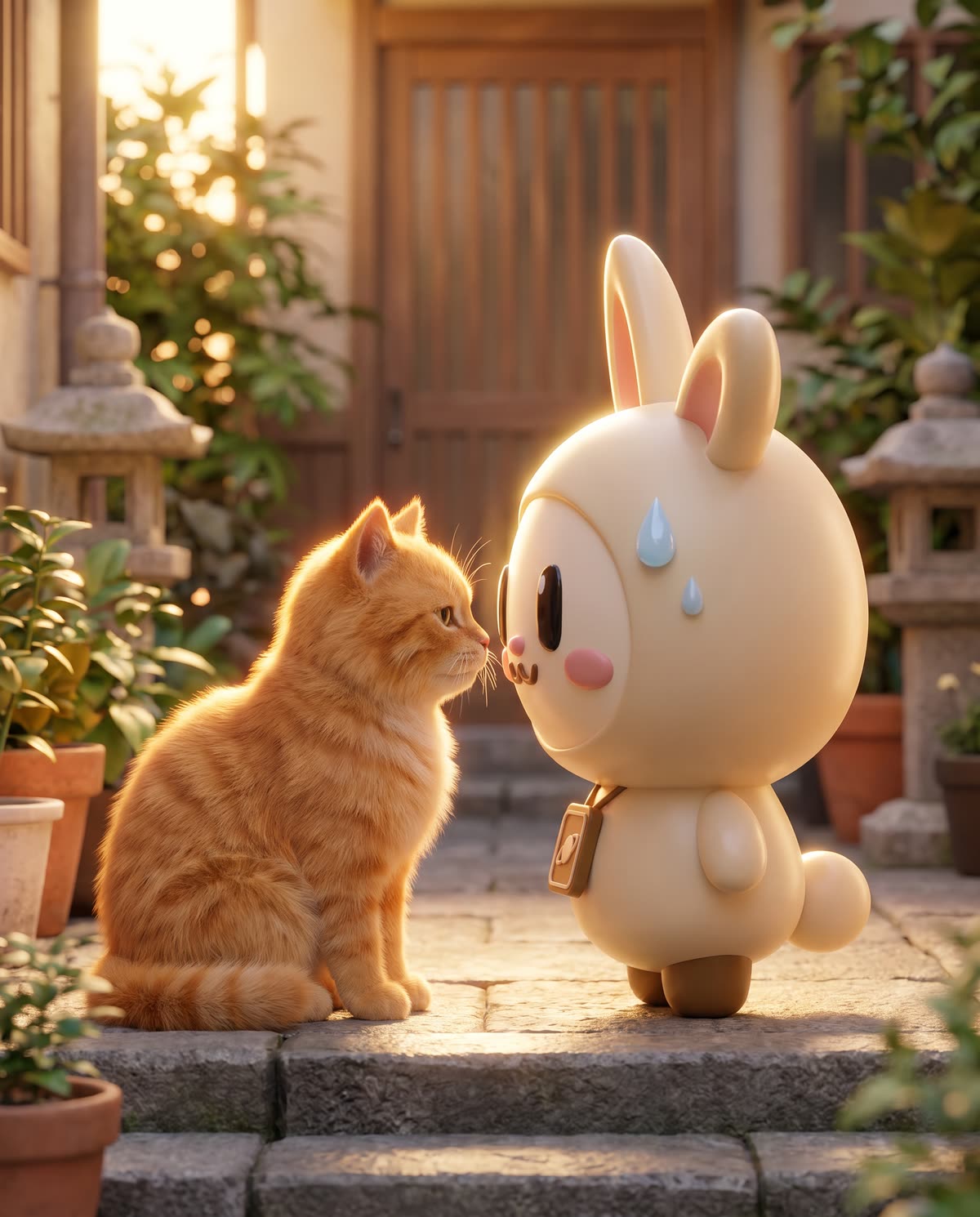 Nervous, sweating Orbi-chan stands nose to nose with a calm orange cat on stone steps.