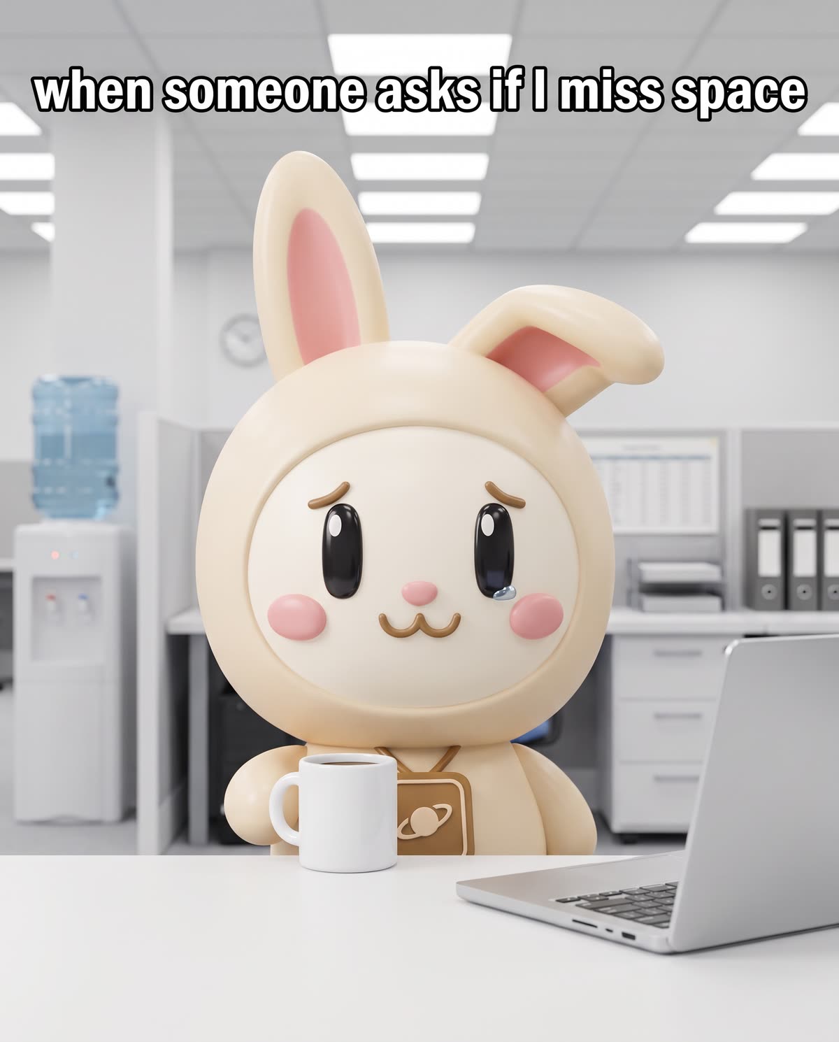 Teary Orbi-chan at an office desk under the caption: when someone asks if I miss space.