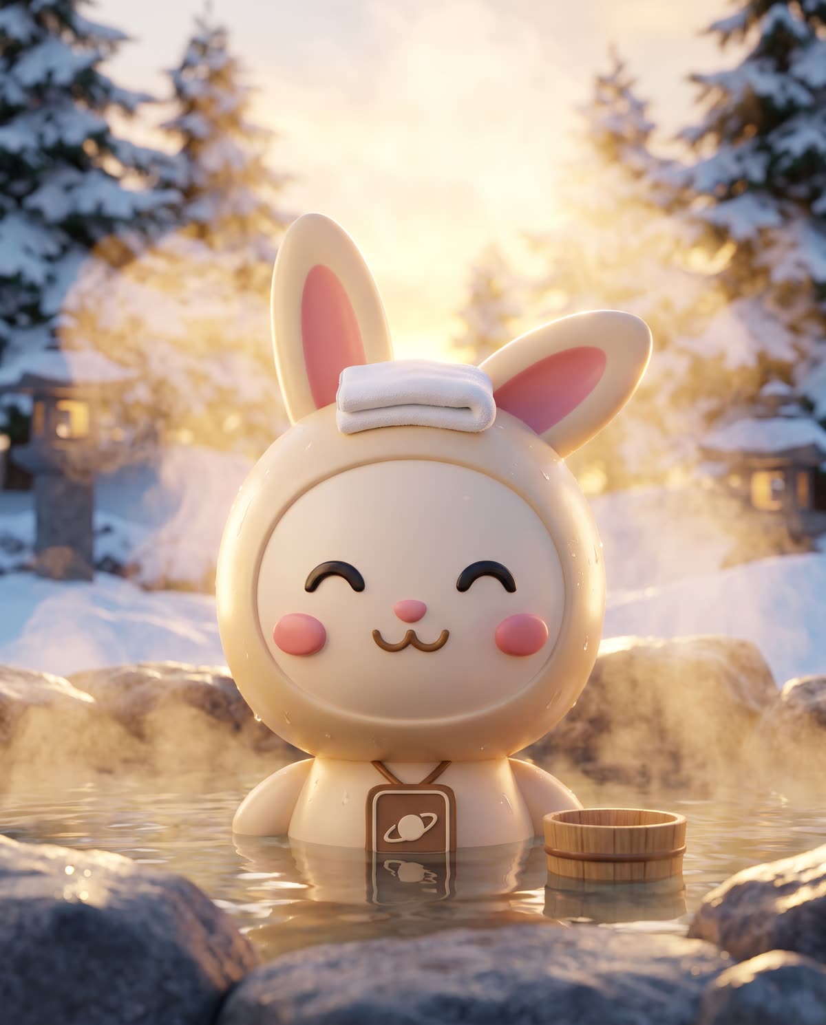 Orbi-chan relaxes in a snowy outdoor hot spring with a folded towel on its head, eyes closed.