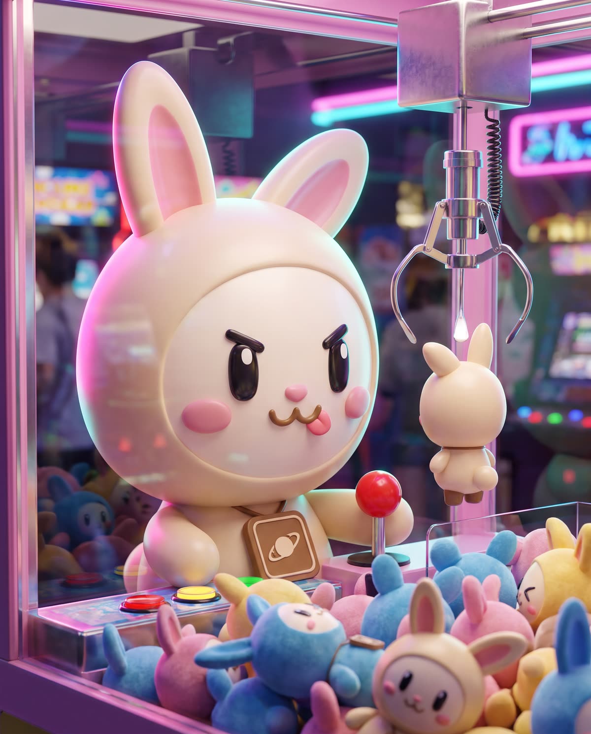 Smirking Orbi-chan sits inside a claw machine, steering the claw toward a tiny Orbi plush.