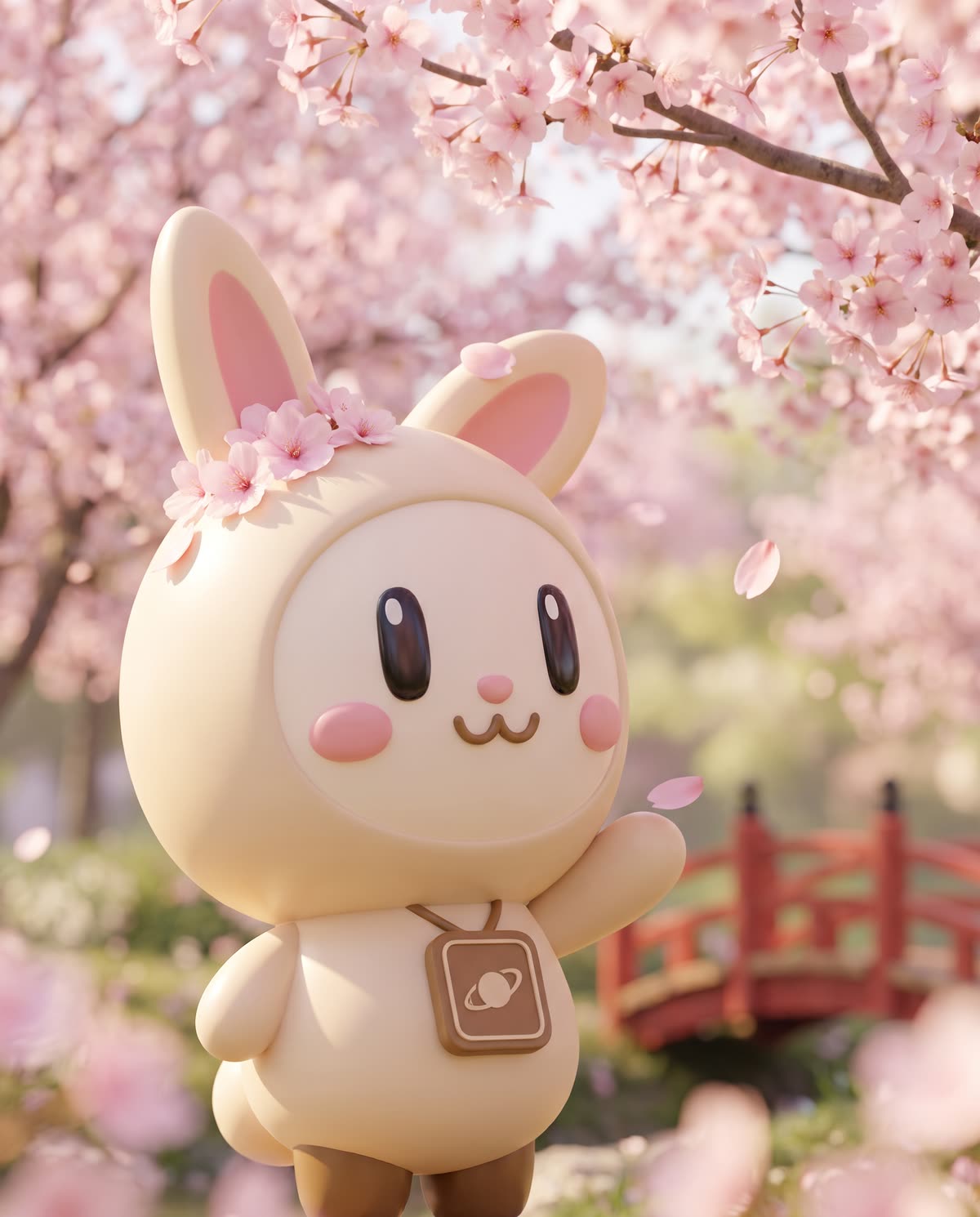 Orbi-chan waves under blooming cherry blossoms with petals on its ears, a red wooden bridge behind.