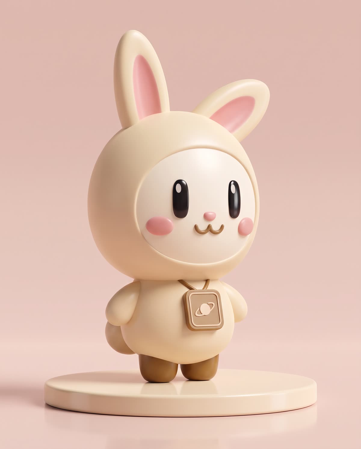 Orbi-chan as a glossy cream figurine on a round pedestal: pink ears, rosy cheeks, cocoa boots and a square Saturn medallion.