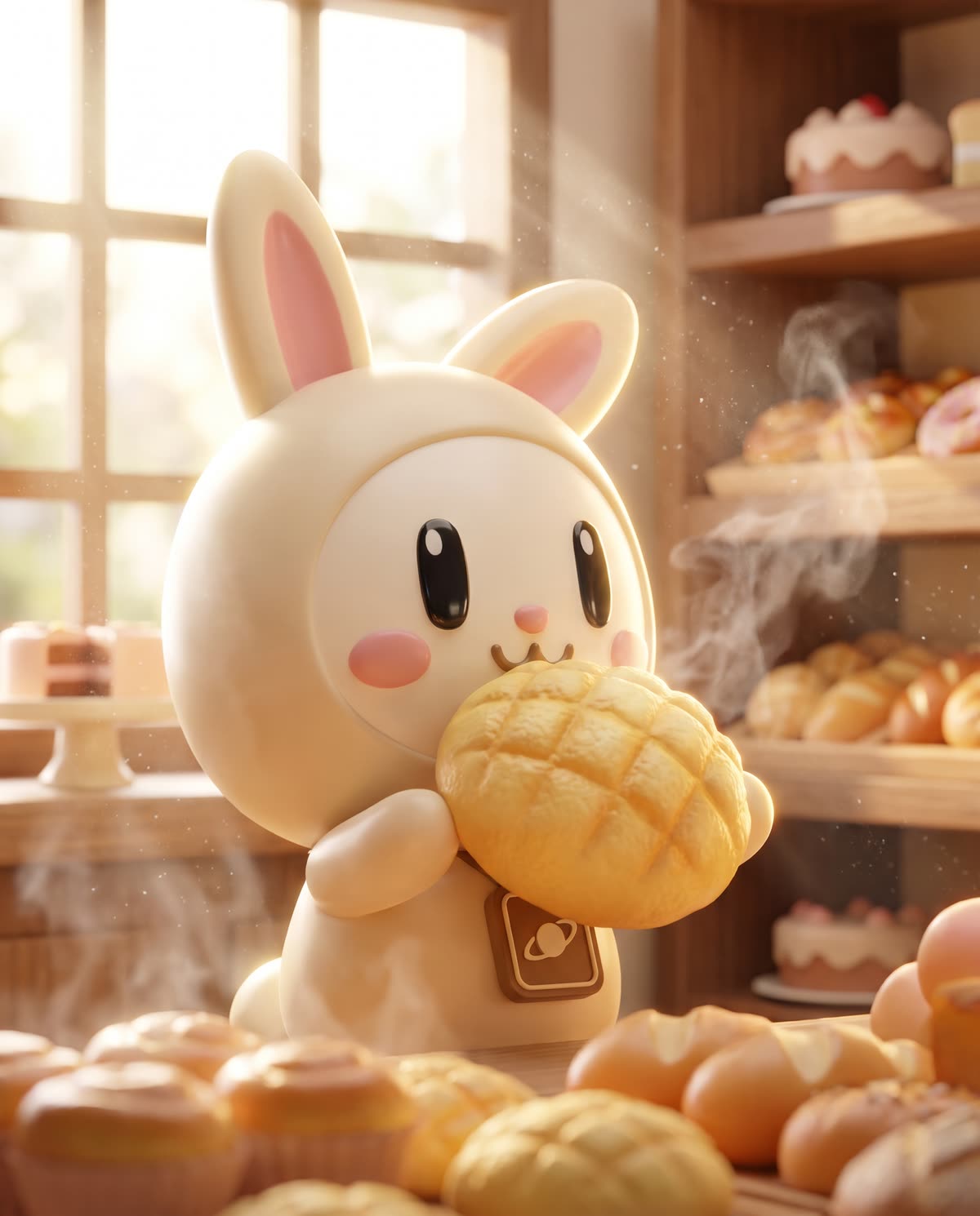 Orbi-chan hugs a giant melon pan in a warm bakery full of fresh bread.
