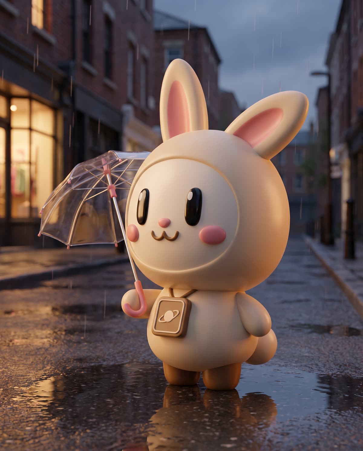 Orbi-chan walks through a rainy brick street at dusk holding a clear umbrella, reflected in the puddles.
