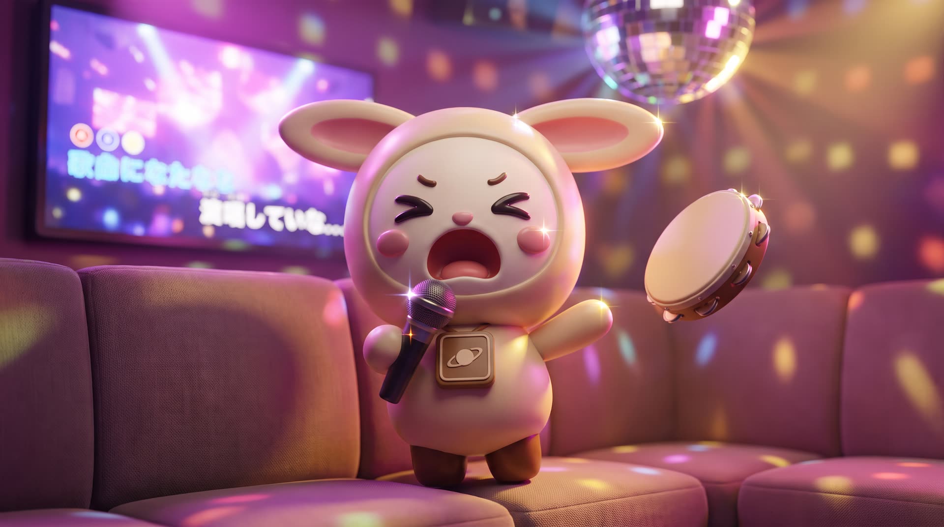 Orbi-chan screams into a karaoke microphone with eyes squeezed shut, tambourine raised, under a disco ball.