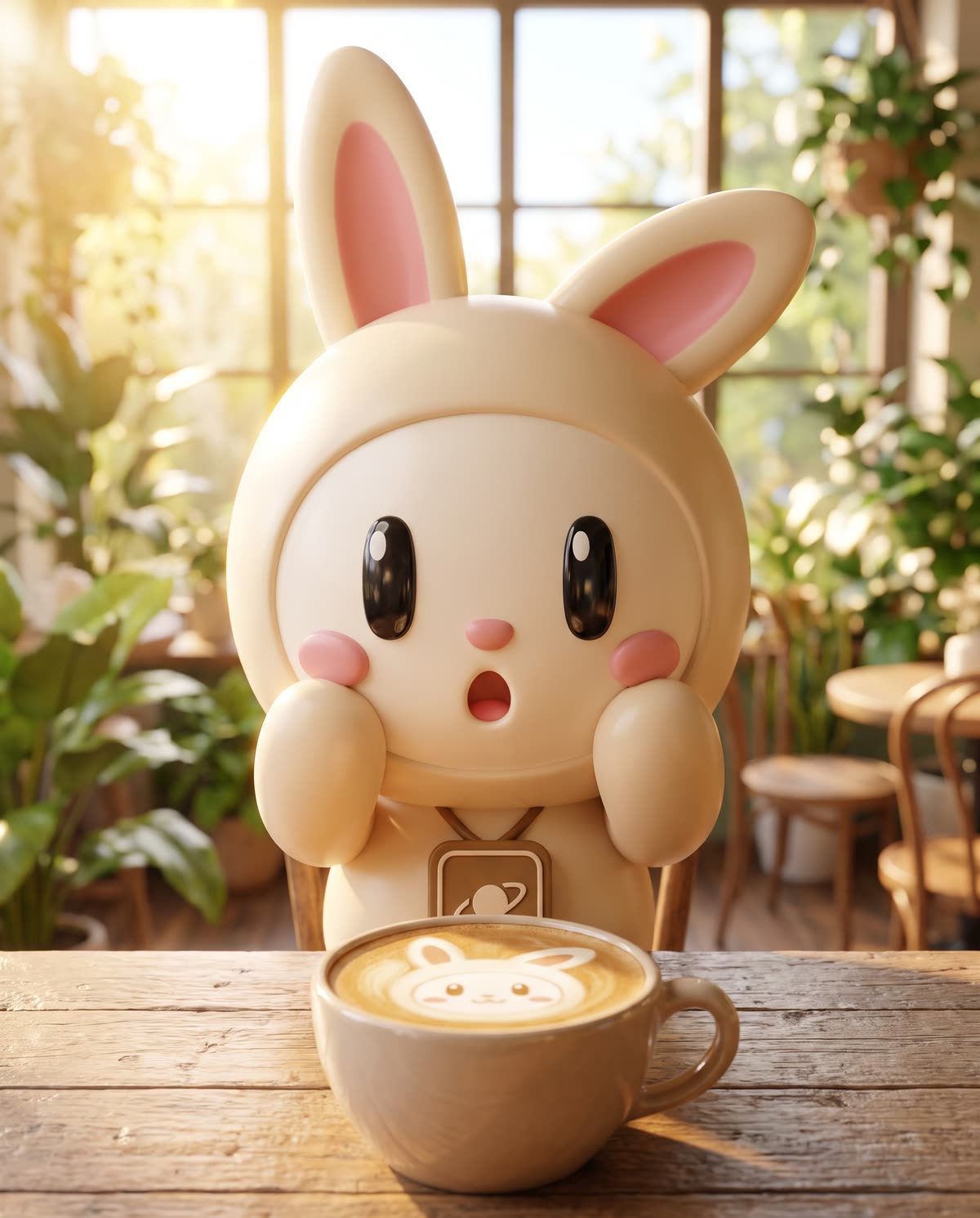 Orbi-chan gasps with paws on its cheeks at a cafe table, a latte with bunny foam art in front.