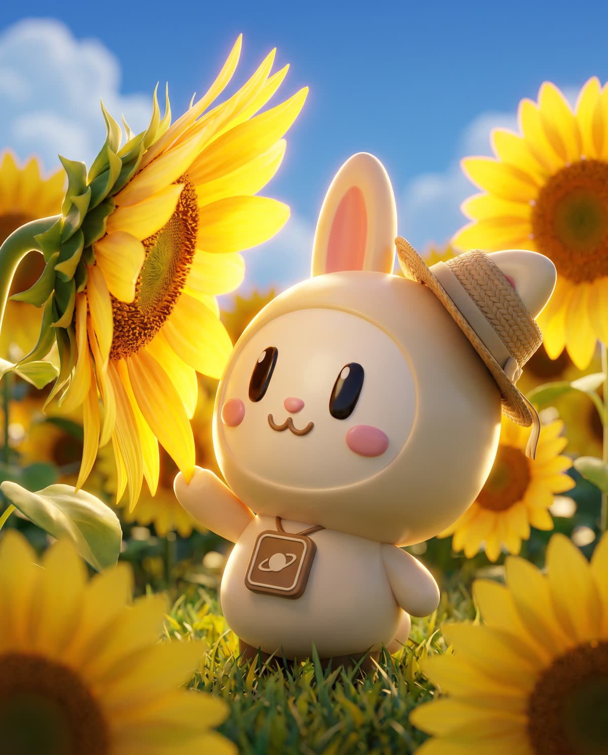 Orbi-chan in a straw hat waves in a sunflower field under a bright blue sky.