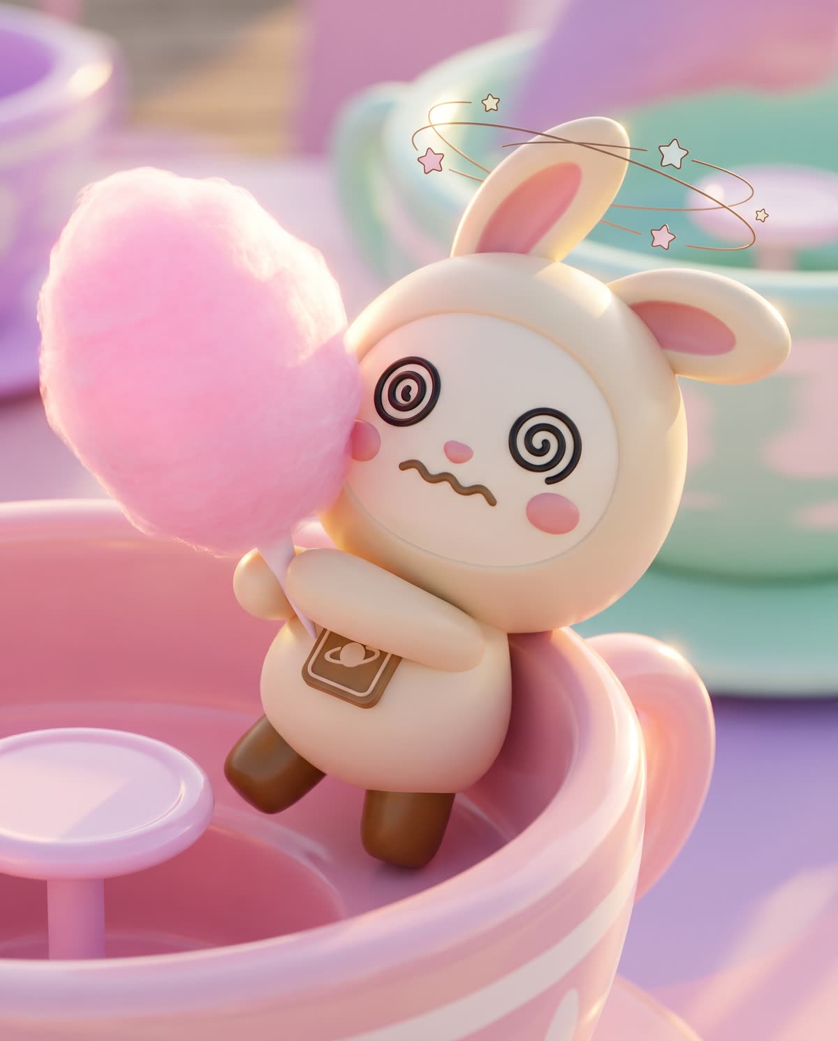 Dizzy Orbi-chan with spiral eyes clings to a pink spinning teacup ride while holding cotton candy.