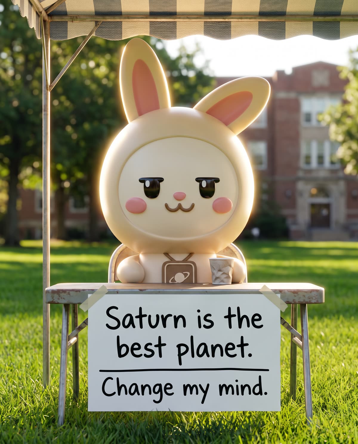 Smug Orbi-chan sits at a campus table behind a sign that reads Saturn is the best planet. Change my mind.