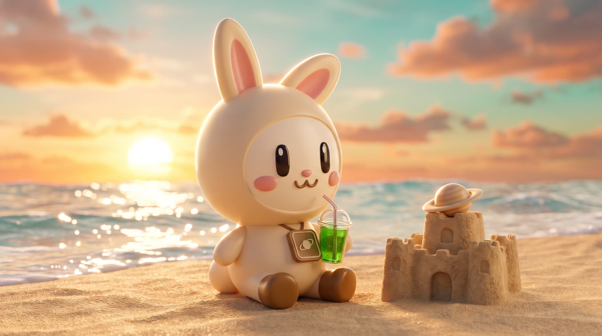 Orbi-chan sits on a sunset beach sipping a green drink next to a sandcastle topped with a tiny Saturn.