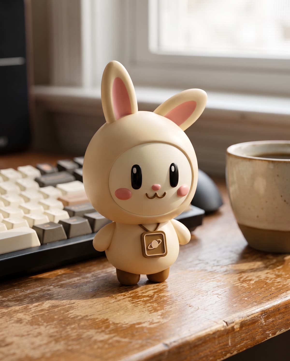 Orbi-chan stands on a worn wooden desk next to a mechanical keyboard and a coffee mug.