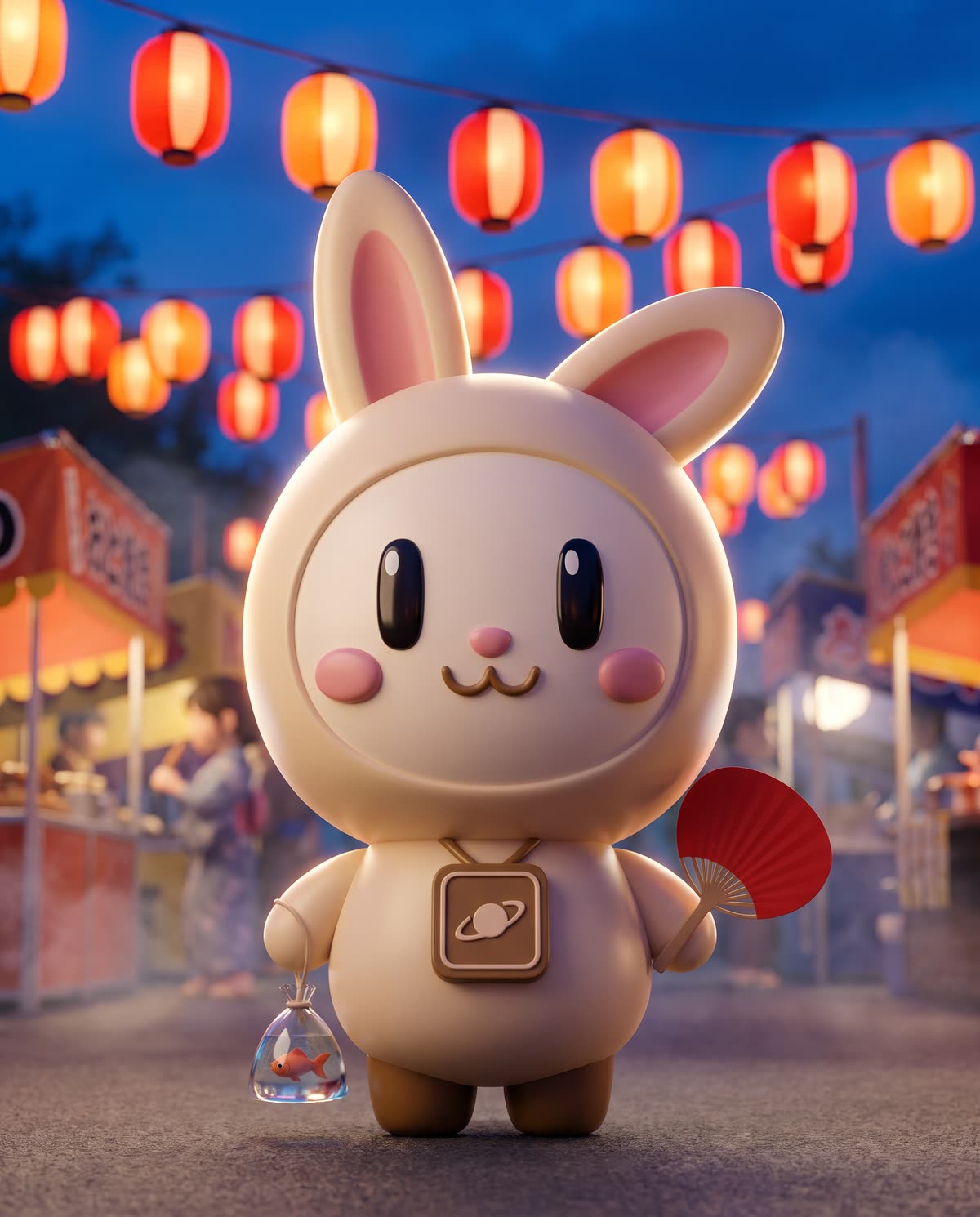 Orbi-chan at a night festival under glowing red lanterns, holding a goldfish in a bag and a red paper fan.