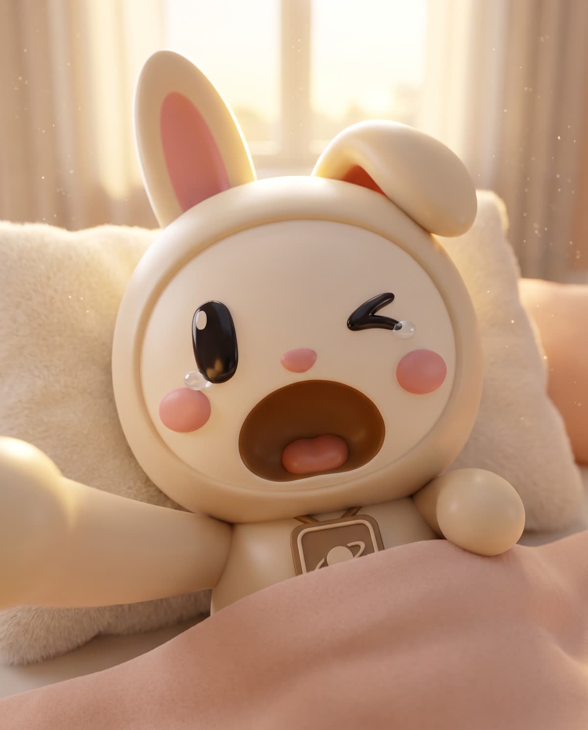 Orbi-chan yawns huge in bed under a pink blanket, one eye squeezed shut with a sleepy tear.