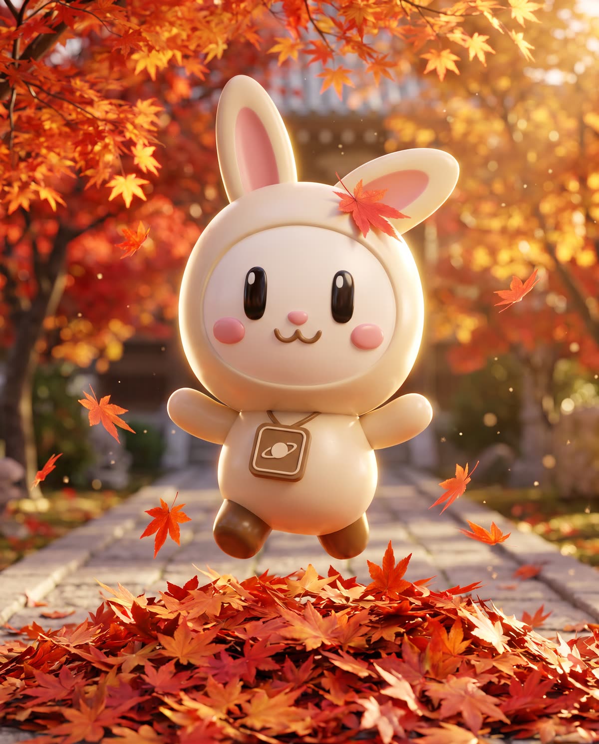 Orbi-chan leaps through a pile of red and orange maple leaves on a temple path.