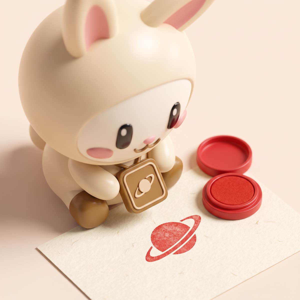 Orbi-chan presses a red ink stamp onto paper, leaving a Saturn-shaped seal.