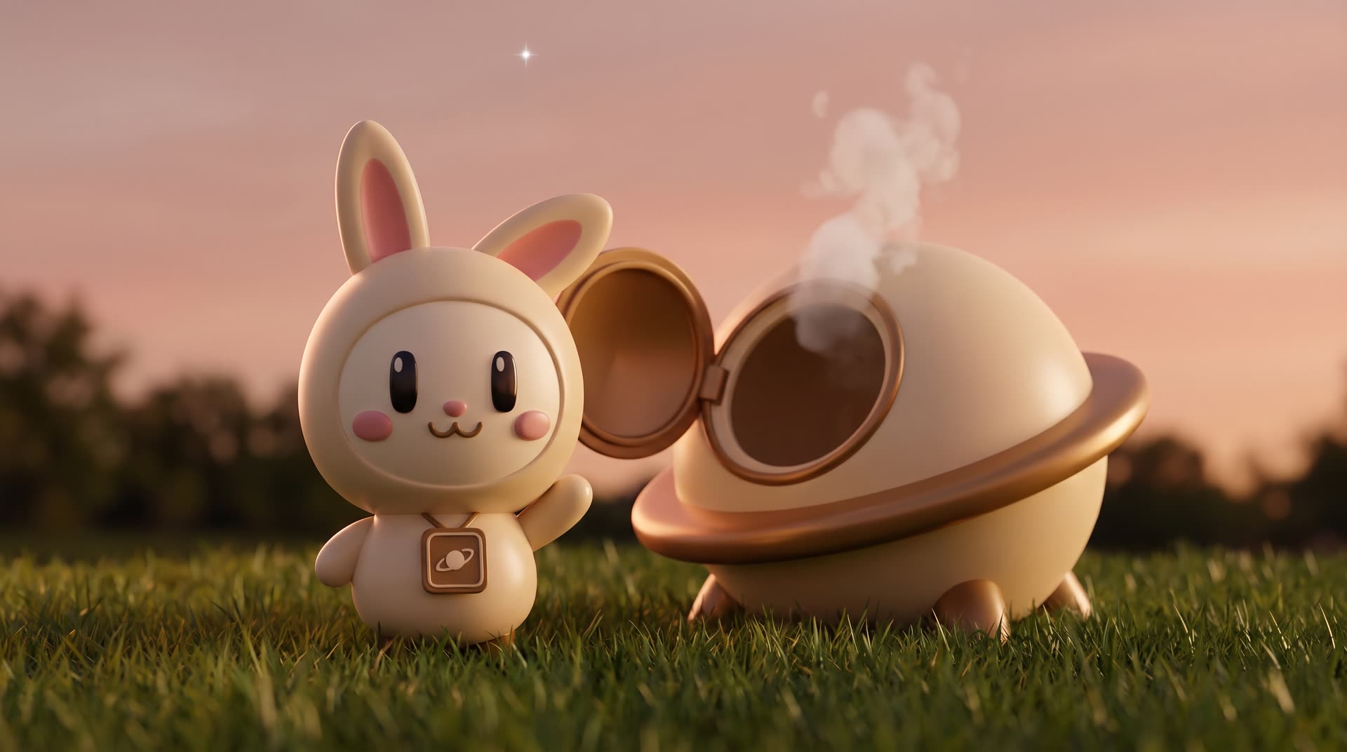 Orbi-chan waves on the grass at dusk next to its round Saturn-shaped pod with stubby feet, the hatch open and steam puffing out.
