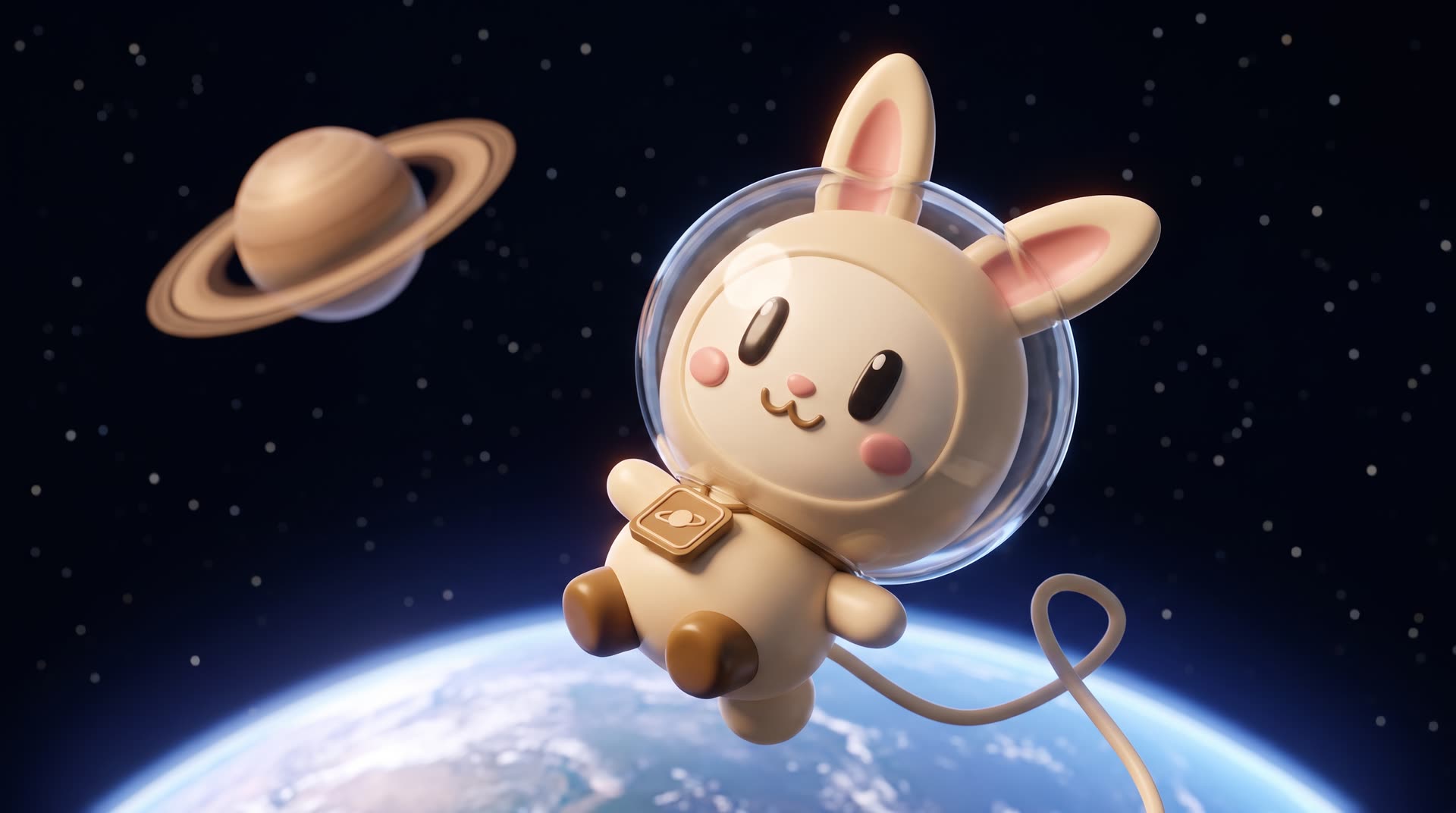 Orbi-chan floats in a bubble helmet high above Earth, a tether trailing behind, with Saturn glowing in the distance.