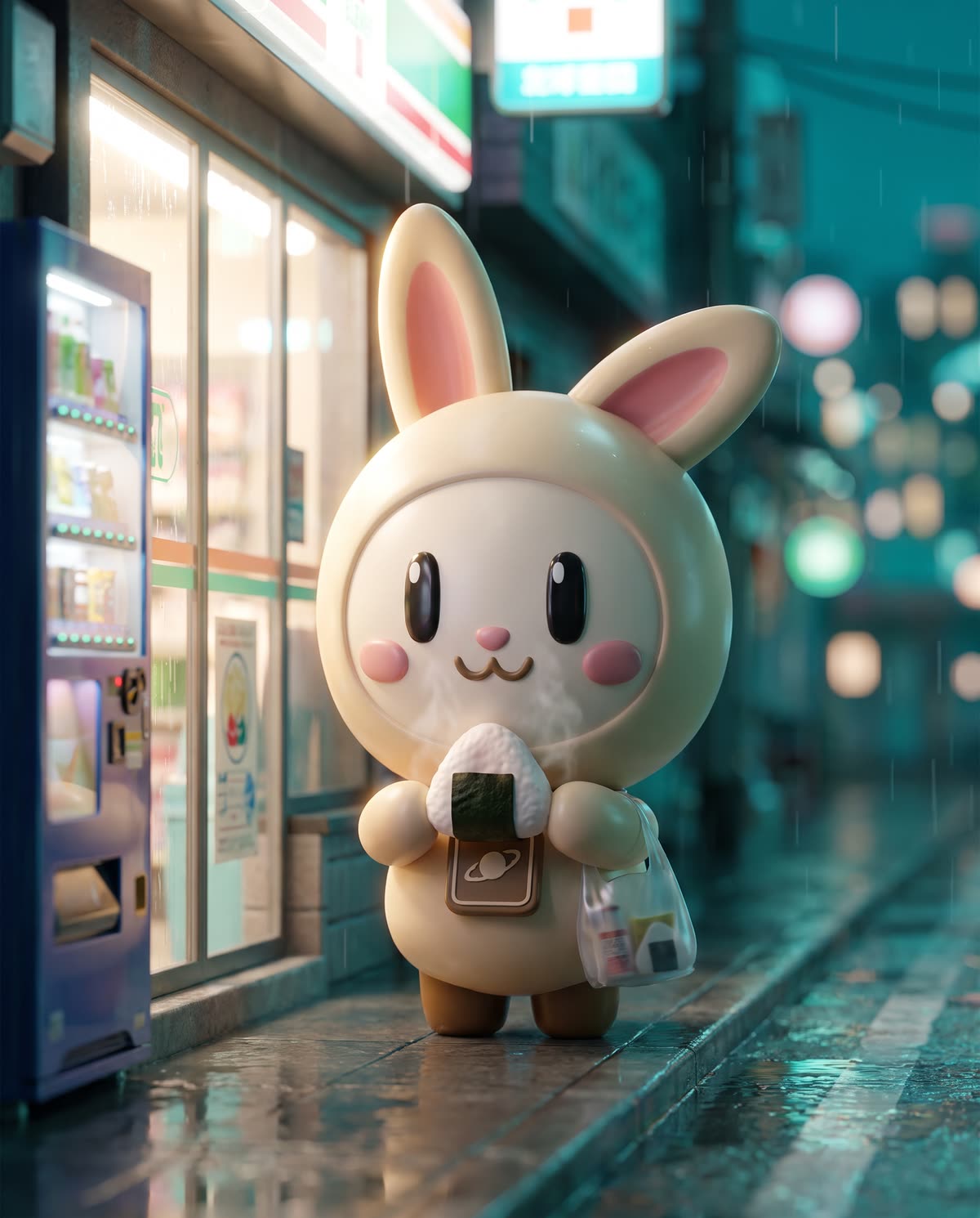 Orbi-chan holds an onigiri outside a glowing convenience store on a rainy teal street.