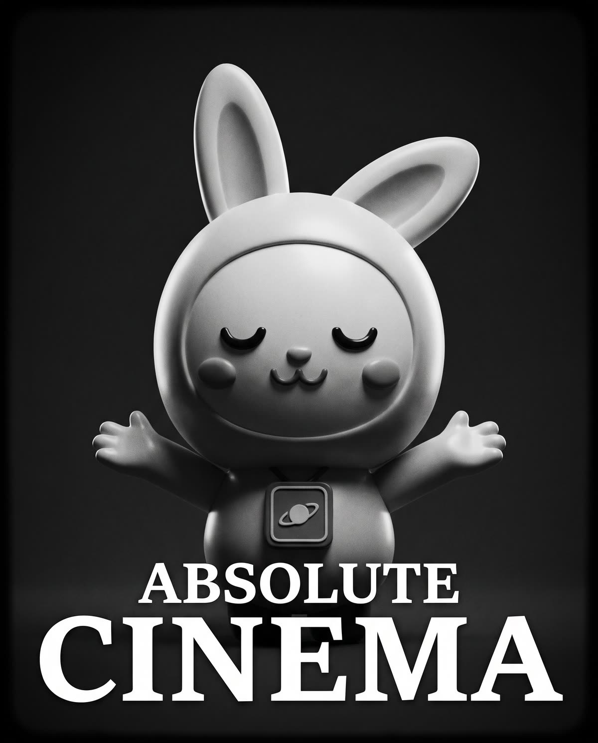 Black and white meme: Orbi-chan with eyes closed and arms spread wide above the words Absolute Cinema.